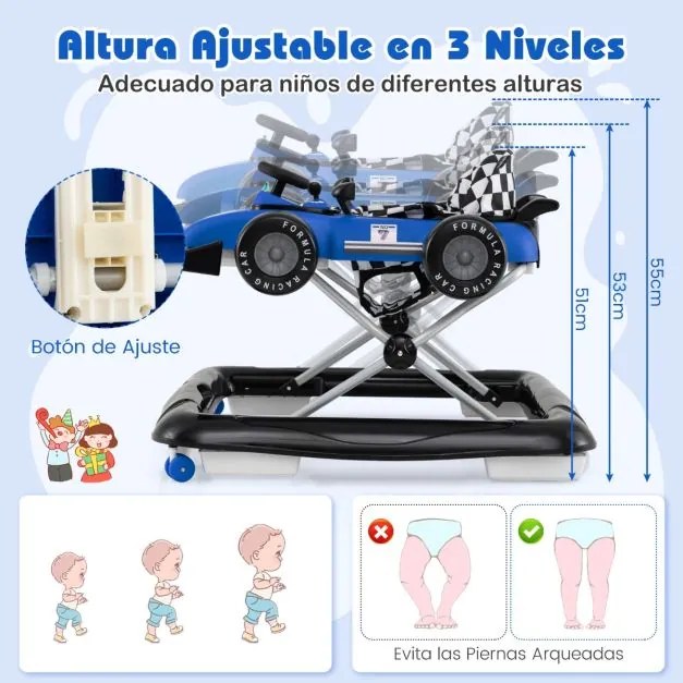 Andarilho para bebés 4 em 1 com altura ajustável em 3 níveis, volante, com assento almofadado e caixa de música azul