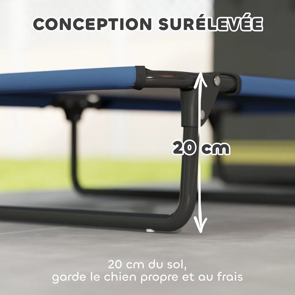 Cama elevada dobrável e refrescante para cães 107 x 61 x 20 cm, cama de campanha para animais em malha respirável, azul escuro