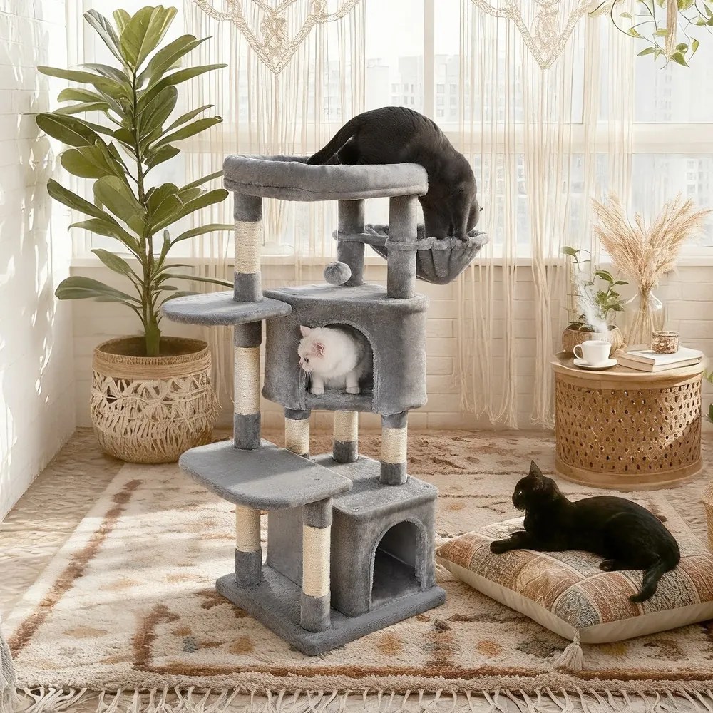 Arranhador para gatos 49 x 45 x 120 cm com plataforma grande cinzento claro