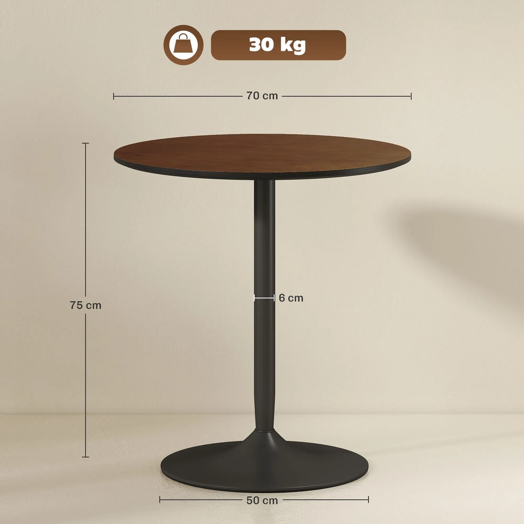Mesa de jantar alta redonda Ø 70 x 75H cm para 2 pessoas (CADEIRAS NÃO INCLUIDAS), com tampo em folheado de madeira maciça e base em aço castanho