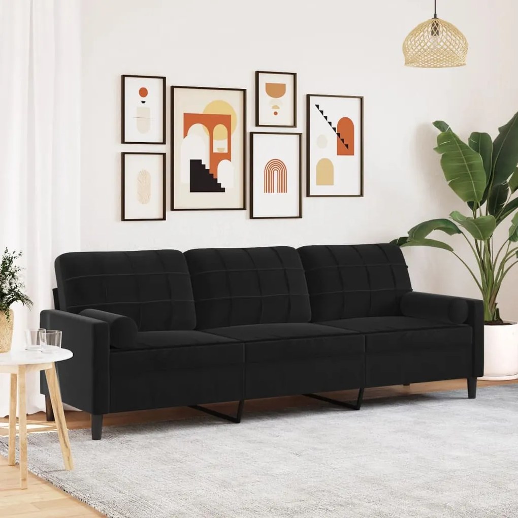 Sofá 3 lugares c/ almofadas decorativas 210 cm veludo preto