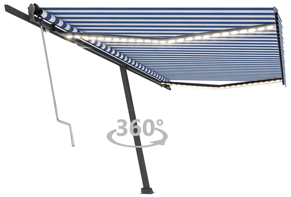 vidaXL Toldo autom. com LED e sensor de vento 500x350 cm azul/branco