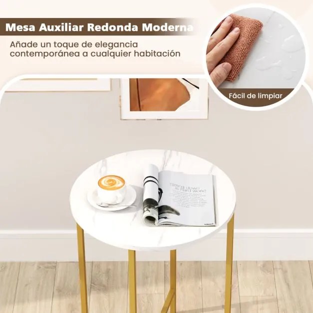 Mesa de apoio redonda 44 x 61 cm para espaços pequenos de 2 níveis com cesto de tecido Estrutura metálica Branca