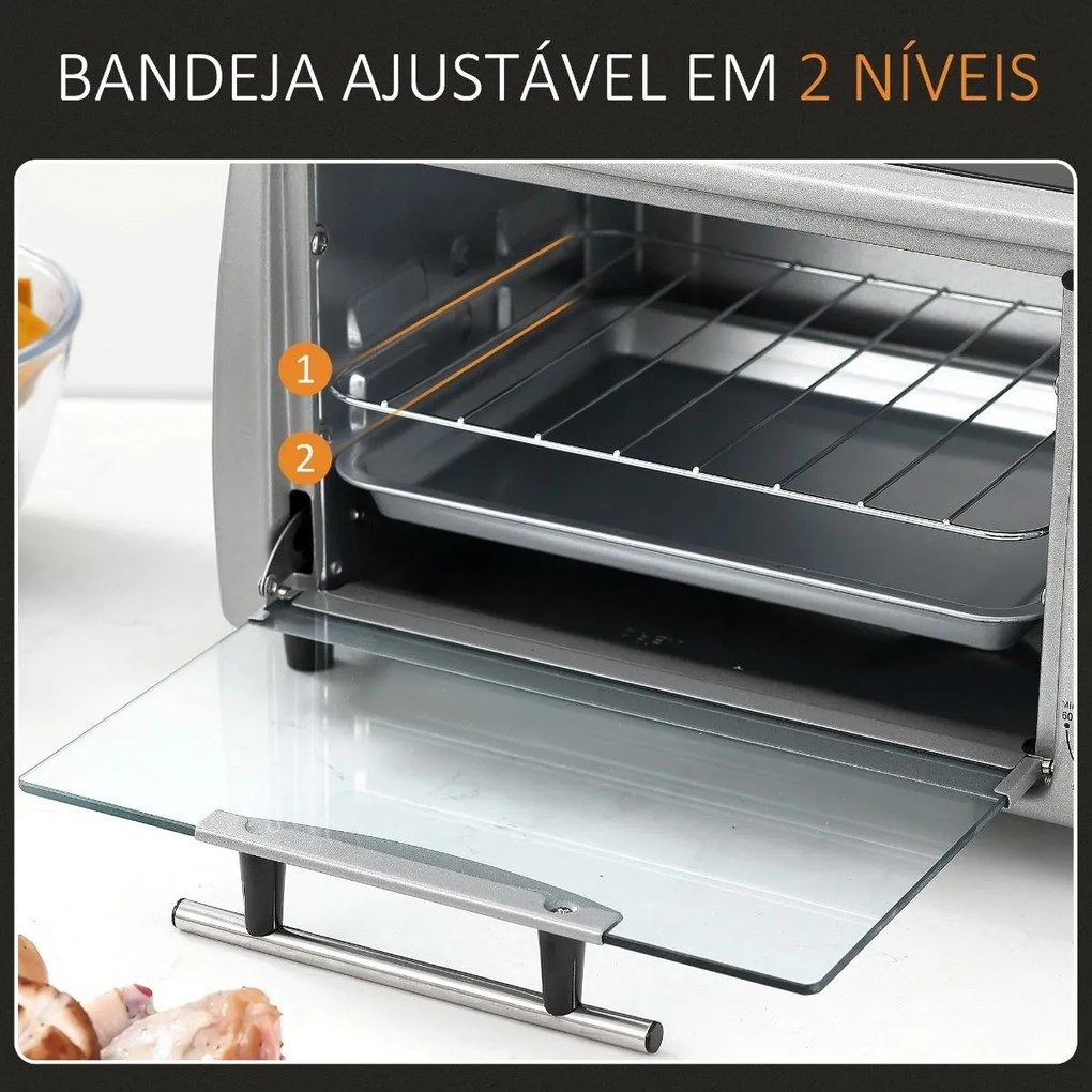 Mini Forno Elétrico de 10 Litros 750W com Temperatura até 230 °C Temporizador 60 Minutos Bandeja e Grade 36,5x26x22cm Preto e Prata