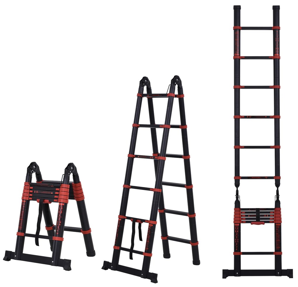 HOMCOM Escada telescópica multifuncional de alumínio de 3,8M 2 formas Estrutura de escalada portátil interna Externa Doméstica, preta