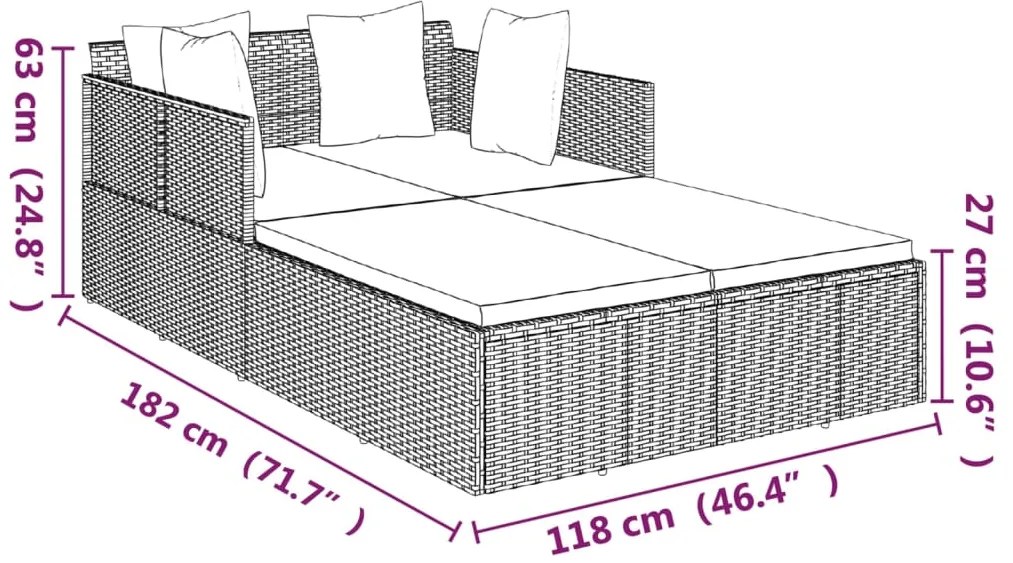 Espreguiçadeira c/ almofadões 182x118x63 cm vime PE castanho