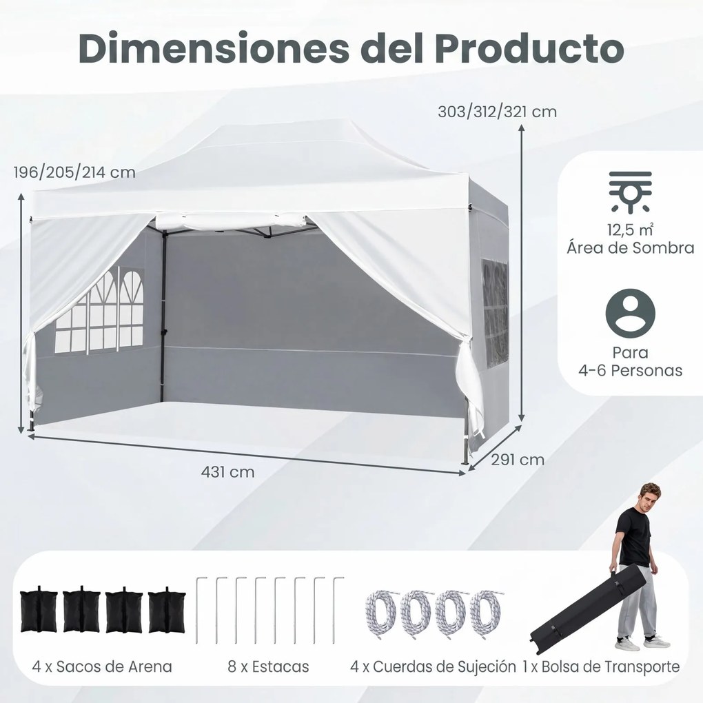 Tenda dobrável 431 x 291 cm, pop-up com 4 paredes amovíveis, altura ajustável, 4 x Sacos de areia, saco de transporte, rodas, impermeável, para pátio,