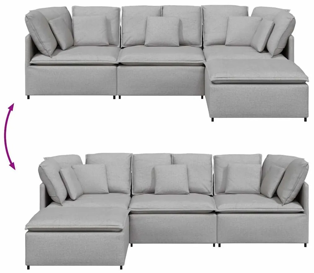 Sofá modular com pufes e almofadas tecido cinzento nublado