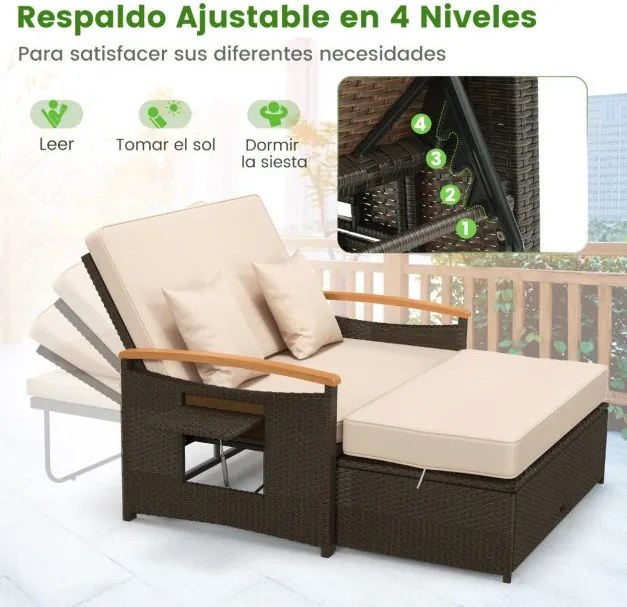 Sofá-cama de rattan para exterior com apoio para os pés com arrumação Encosto ajustável em 4 níveis e tabuleiros laterais retrácteis mistura de castan