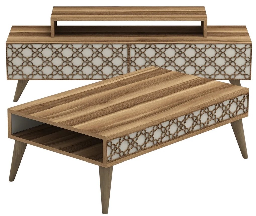 Conjunto de Mobiliário de Sala de Estar City – Nogueira e Creme – Tv: