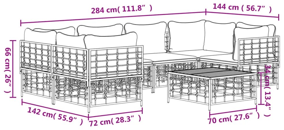 7 pcs conjunto lounge de jardim c/ almofadões vime PE antracite