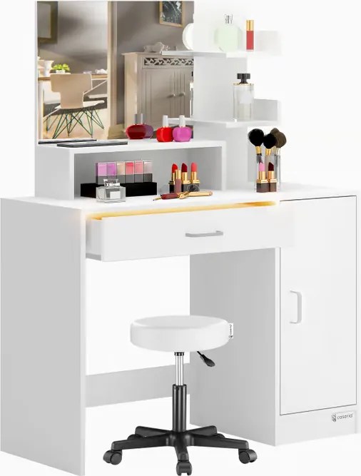 Toucador de maquilhagem 140x90x40cm inclui banco com rodas branco
