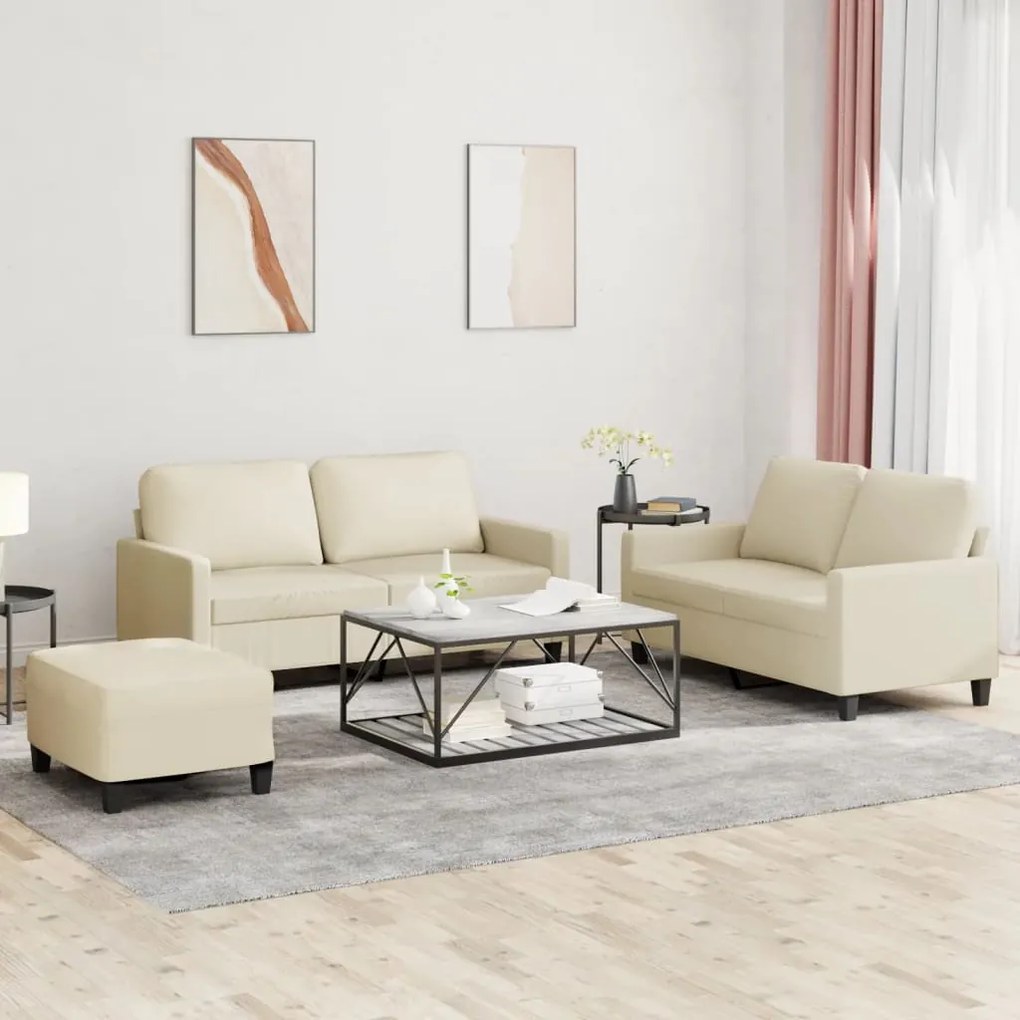 3201414 vidaXL 3 pcs conjunto sofás c/ almofadões couro artificial cor creme