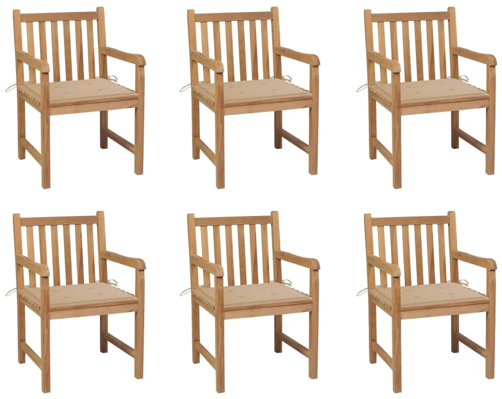 vidaXL Cadeiras de jardim c/ almofadões beges 6 pcs teca maciça