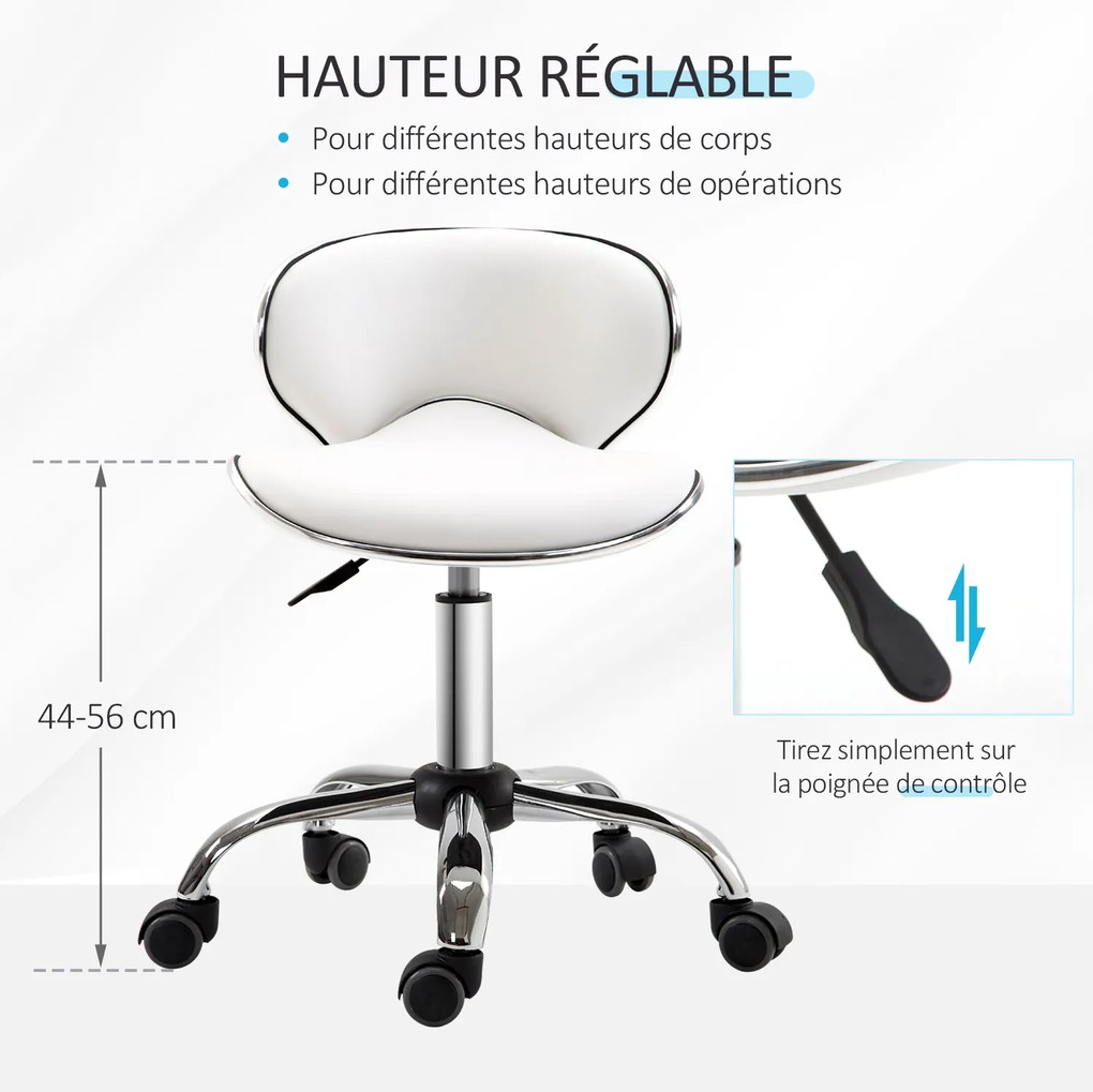 Banco com rodas, banco de trabalho com altura ajustável de 44 a 56 cm e encosto, giratório a 360°, branco