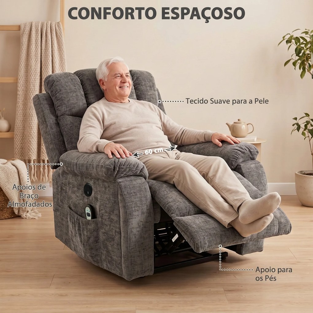 Poltrona Relax Reclinável Elétrica Elevatória com 8 Pontos de Massagem Calor Apoio para Pés e Porta-copos Cinza Escuro