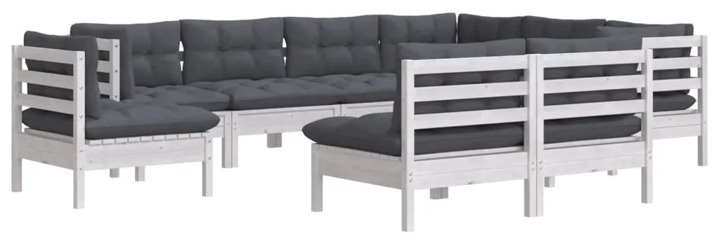 9 pcs conj. lounge de jardim c/ almofadões pinho maciço branco