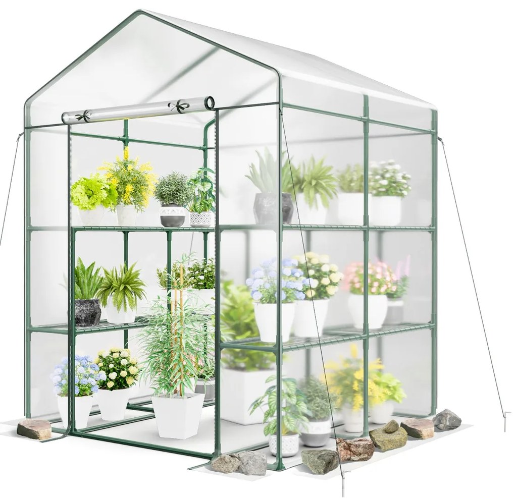 Estufa de jardim 139 x 144 x 195 cm com 8 prateleiras Cobertura em PVC Porta enrolável com fecho de correr Estrutura metálica transparente