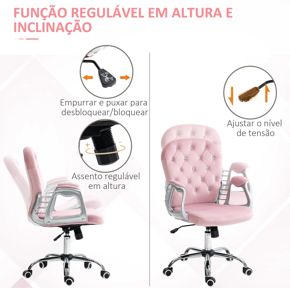 Cadeira de Escritório Estofada em Veludo Cadeira Giratória com Altura Ajustável e Decorações de Cristal 59,5x60,5x103 cm Rosa