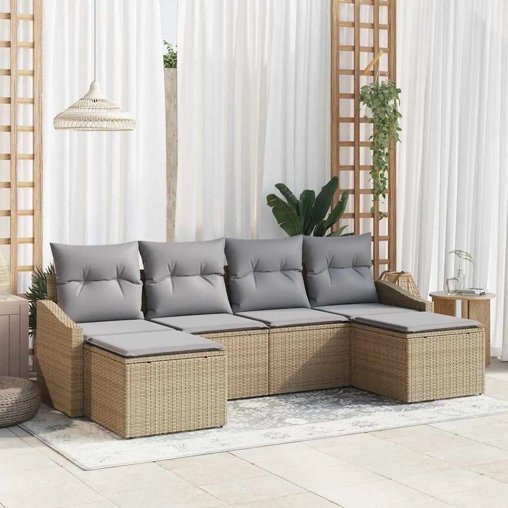 vidaXL Conjunto de Jantar de Jardim com 6 Peças e Almofadas Beje em Rattan Sintético