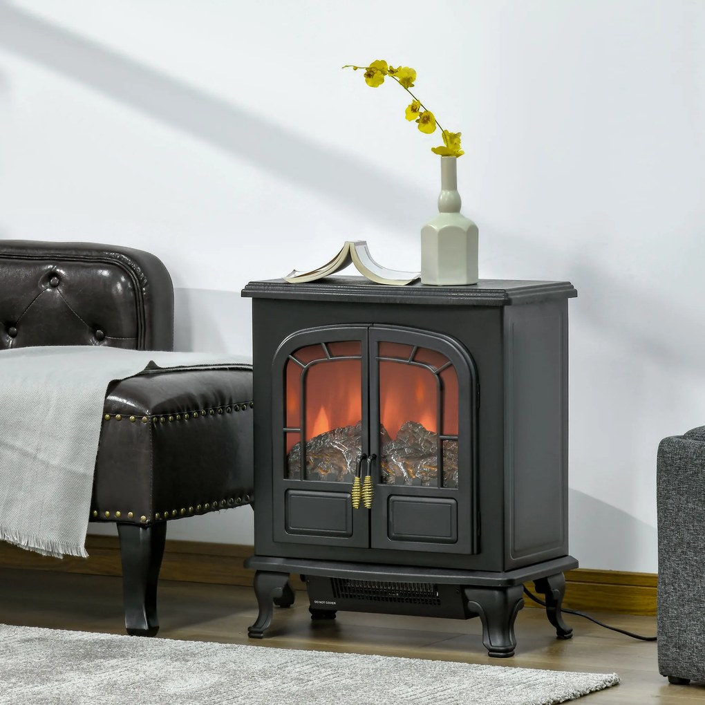 Lareira elétrica tipo fogão 51 x 28 x 60 cm, estilo neo-retro, 2 portas, vidro temperado, 1000/2000 W, LED com luminosidade regulável, aço e ABS, pret