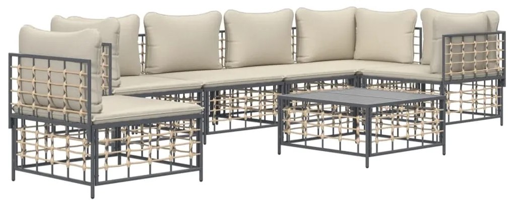 7 pcs conjunto lounge de jardim c/ almofadões vime PE antracite