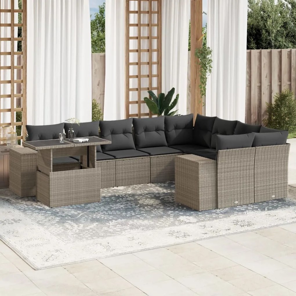 vidaXL 10 pcs conj. sofás jardim com almofadões vime PE cinzento-claro