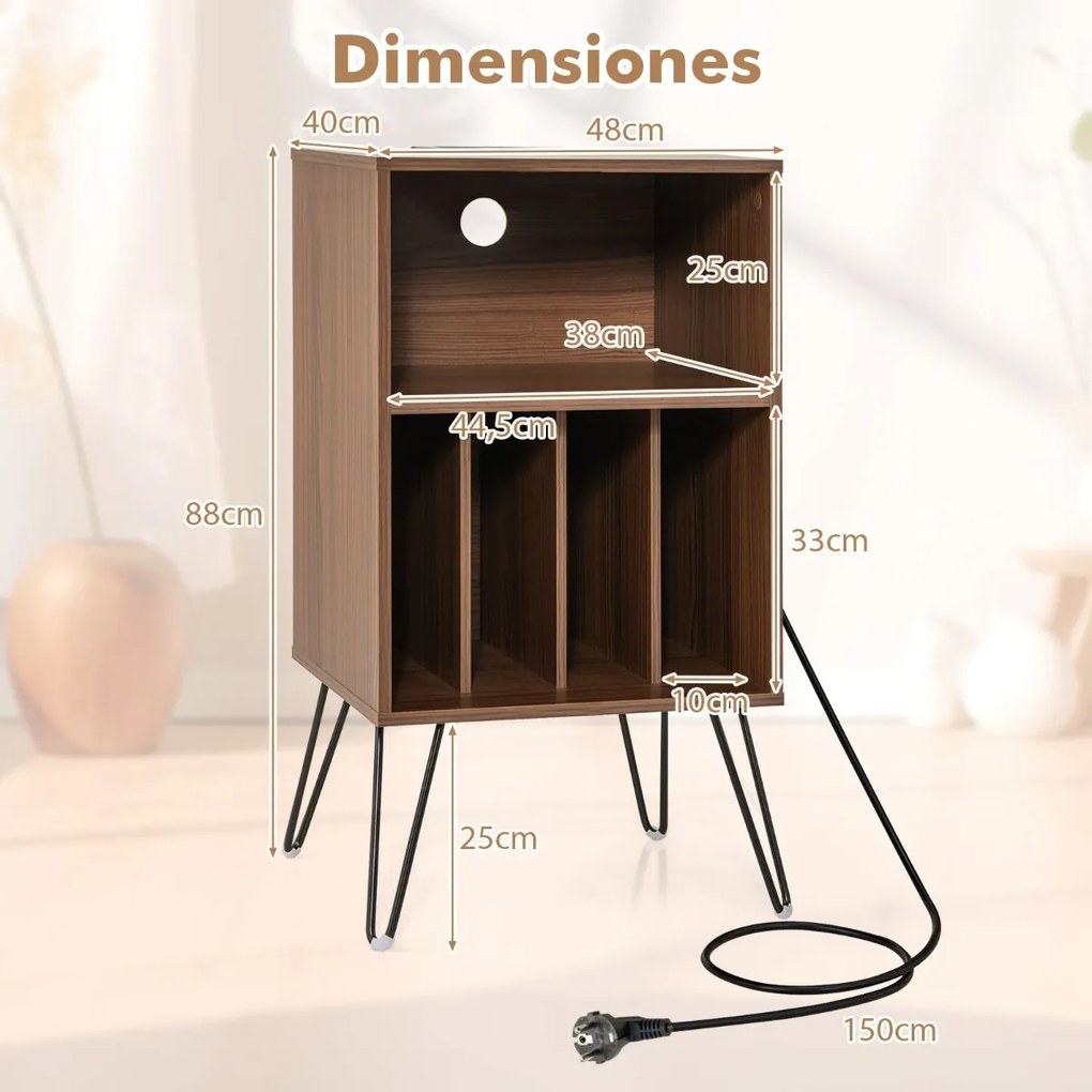 Estante para discos vinil de 3 níveis com estação de carregamento Estante 4 divisórias 48 x 40 x 88 cm cor nogueira