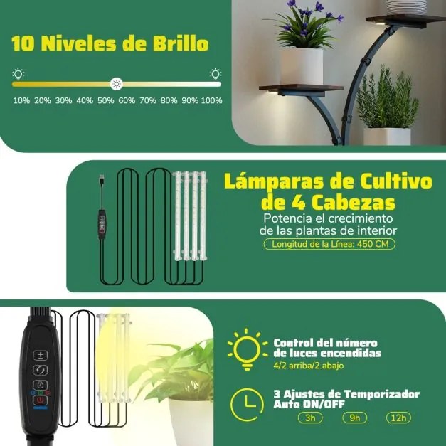 Suporte de 8 níveis para plantas com luzes de crescimento ajustáveis e temporizador 67 x 30 x 146 cm Castanho e preto