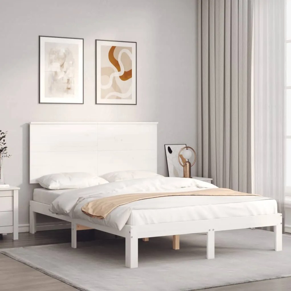 Estrutura de cama de casal c/ cabeceira madeira maciça branco