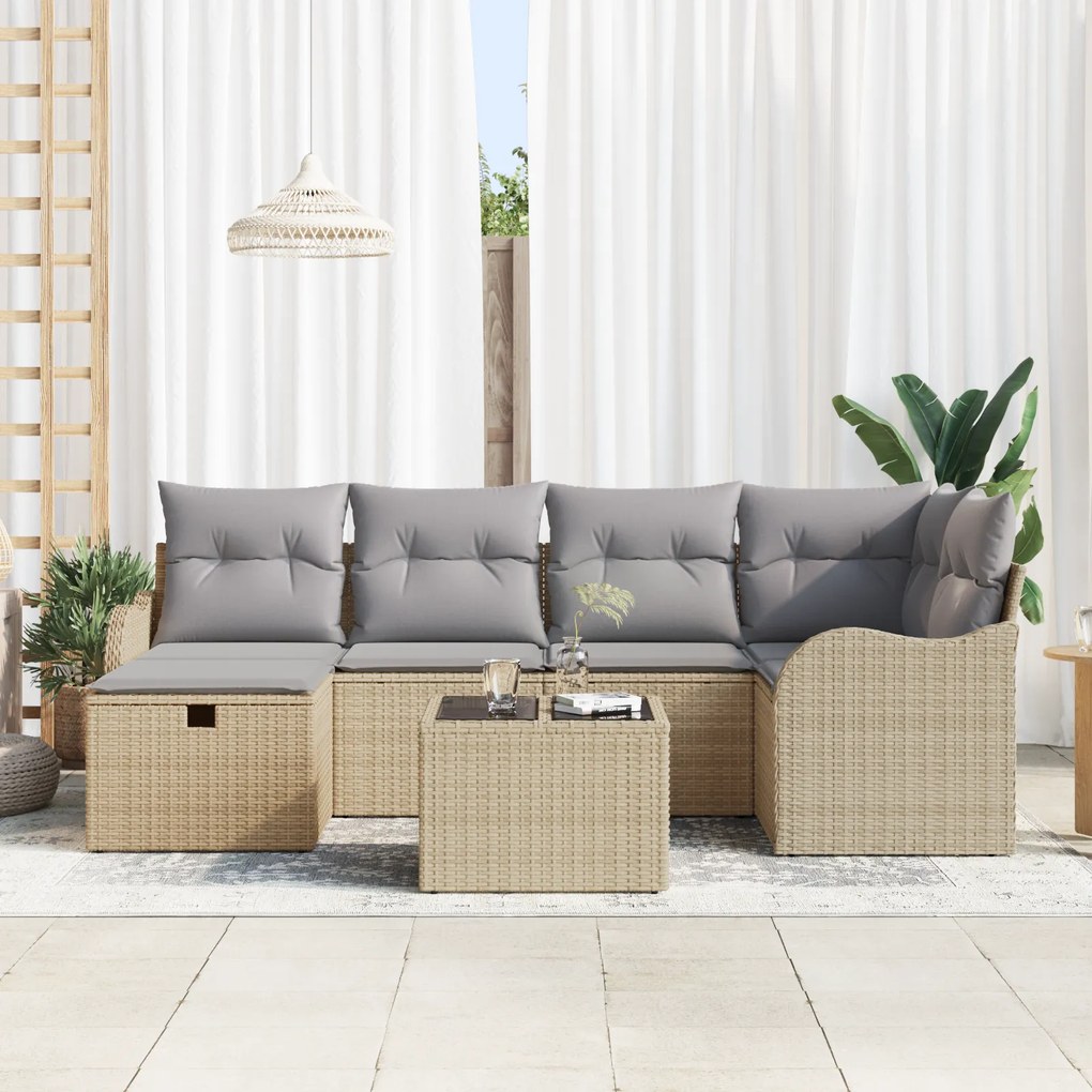 Conjunto de Sofá de Jardim vidaXL de 7 Peças com Almofadas Bege Rattan