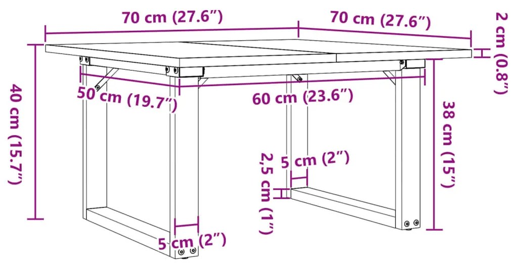 Mesa de centro estrutura em O 70x70x40 cm pinho e ferro fundido