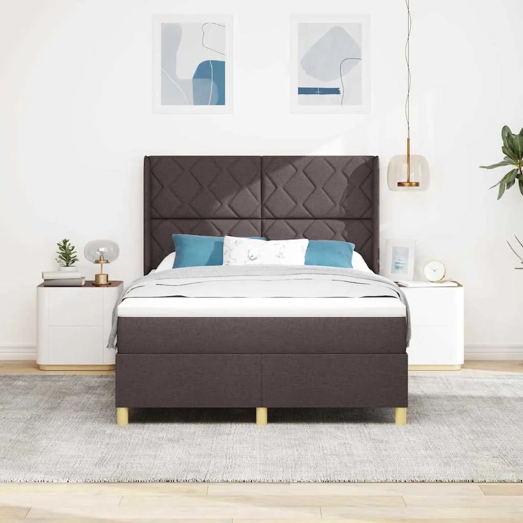 Cama Box com Colchão e LED Castanho Escuro 140x190 cm em Tecido