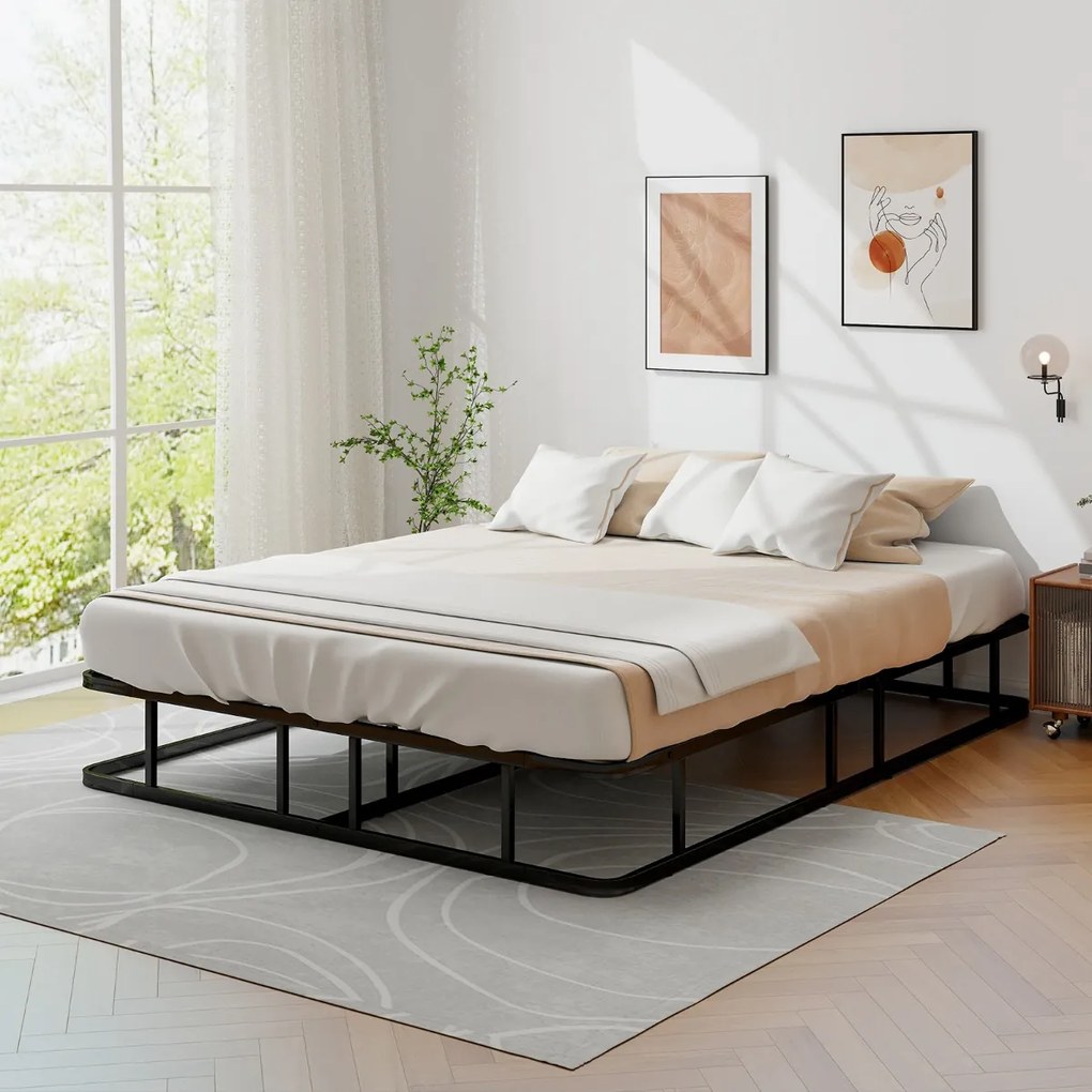 Estrutura metálica para cama de casal 140x200 cm (COLCHÃO NÃO INLUIDO) com 16 barras de suporte, base e pés antiderrapantes em preto