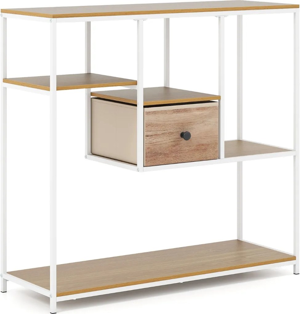 Mesa Consola 100 cm com Gaveta de Armazenamento e Estante de 4 Níveis Estilo Industrial para Sala e Corredor Natural e Branco