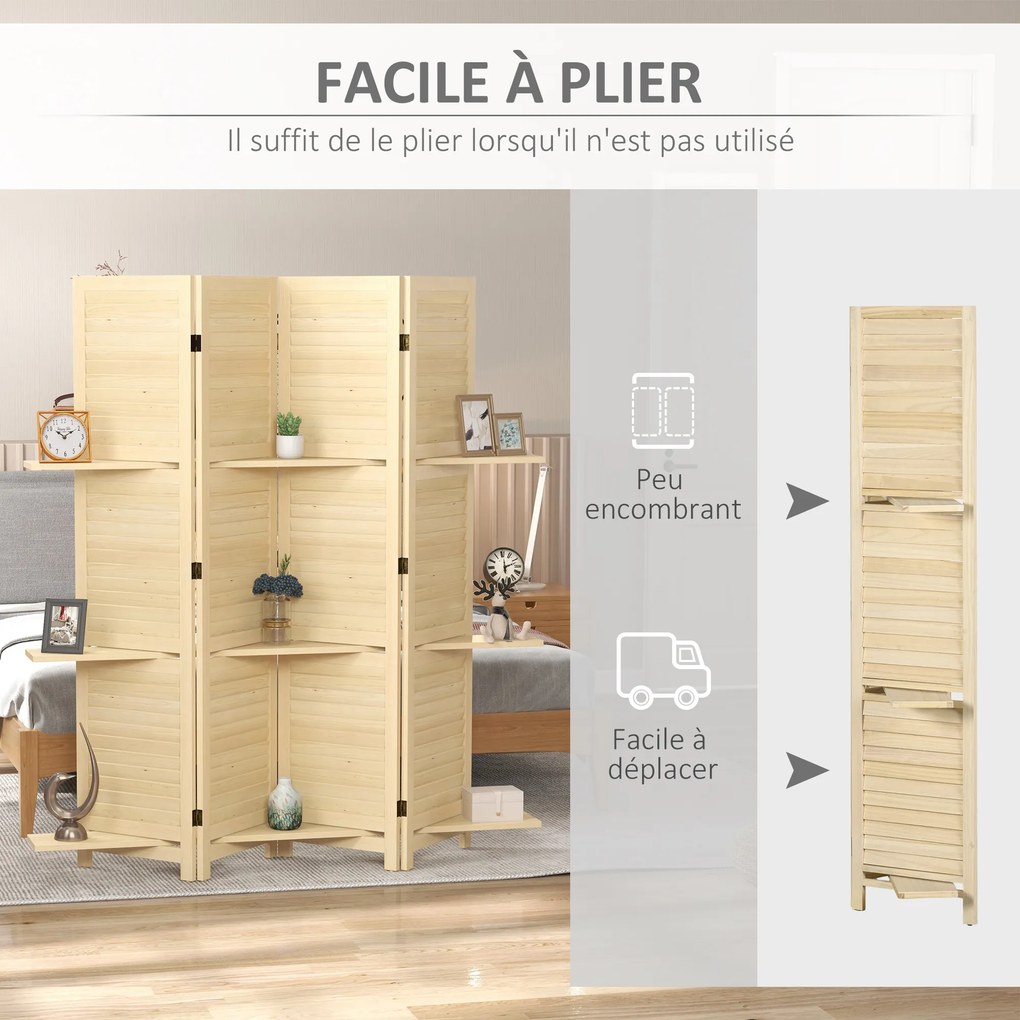 Biombo de interior de 4 painéis, 160 cm (L) x 170 cm (A), com 3 prateleiras dobráveis, divisória de ambientes, portas com persianas, acabamento natura