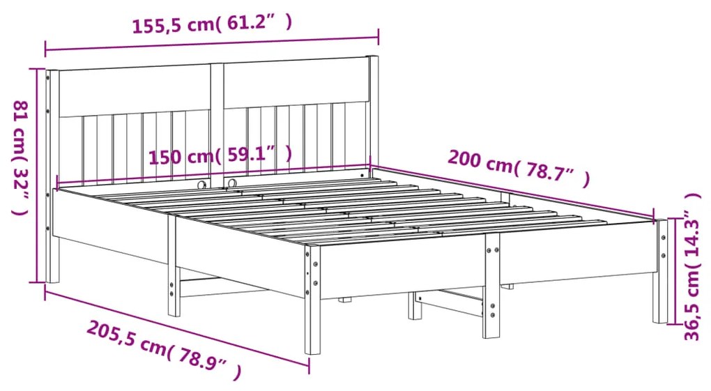 Estrutura de cama c/ cabeceira 150x200 cm pinho maciço branco