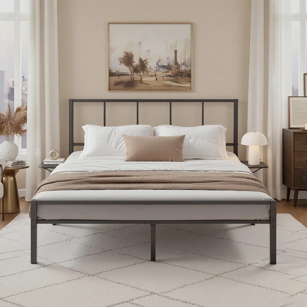 Estrutura de cama de casal 160 x 200 cm (COLCHÂO NÃO INCLUIDO)com 2 prateleiras e com estrutura metálica e estrado Preta