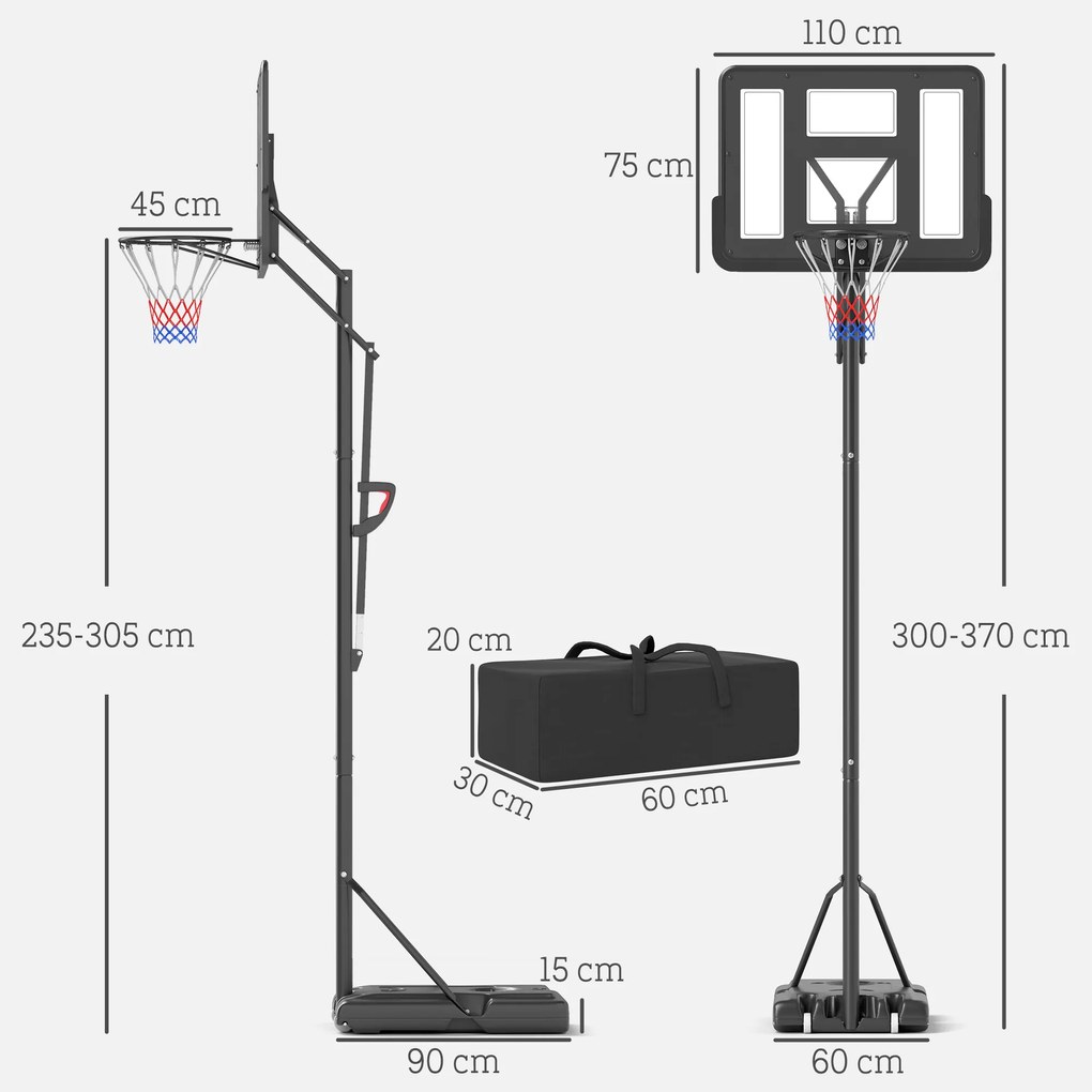 Cesto de Basquetebol de Exterior com Altura Ajustável Suporte Rodas Base Recarregável e Bolsa de Peso 90x60x305 cm Preto