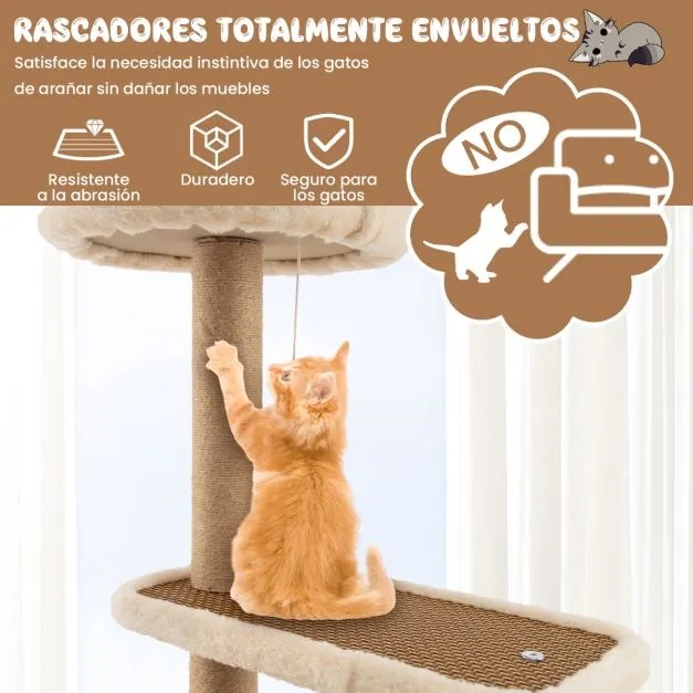 Arranhador para gatos de interior de 4 níveis com tapete de rattan Bola suspensa Brinquedo para arranhar Postes de poleiros Plataformas superiores Nat