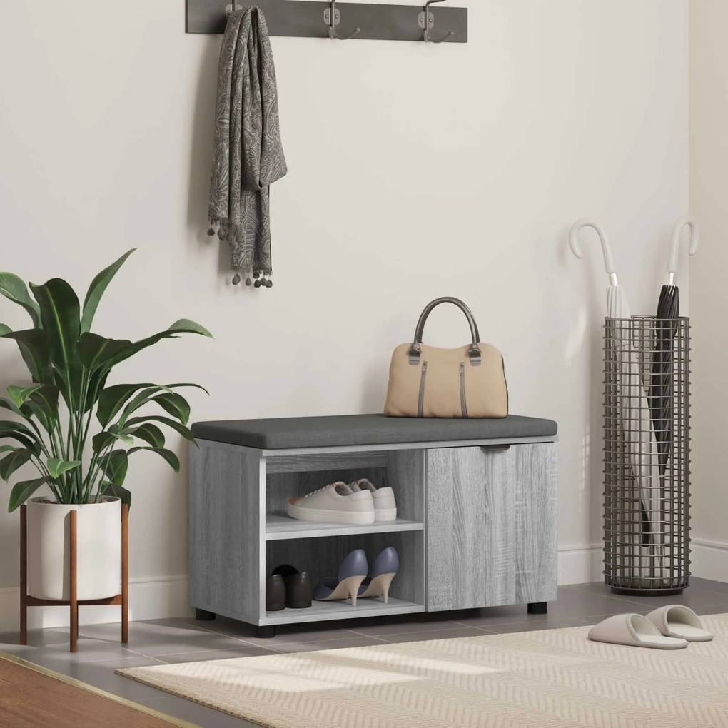 vidaXL Banco de Hall com almofada Liso Cinza Sonoma 80 x 38 x 46 cm