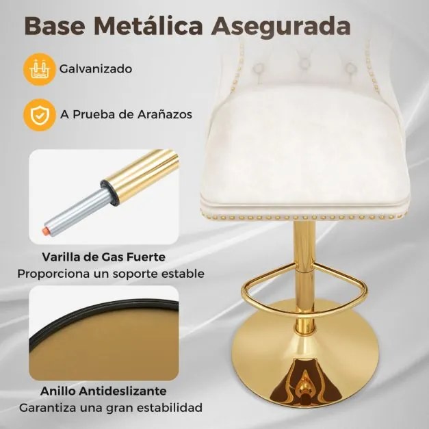 Conjunto de 2 bancos de bar estilo holandês em veludo com apoio para os pés Base metálica giratórios ajustável Branco e dourado