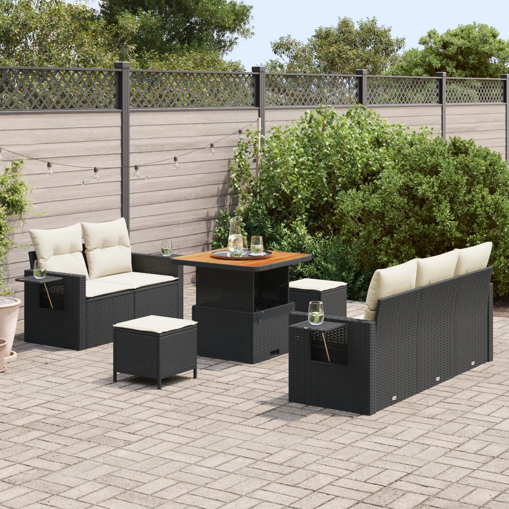 Conjunto de Sofá de Jardim vidaXL 8 Peças com Almofadas Preto Rattan P