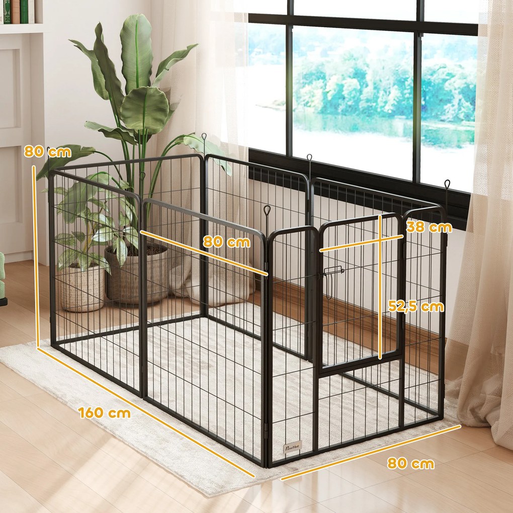 Parque para Cães 6 Painéis de 80 cm de Altura Cercas para Cães de Aço Dobrável com Porta para Interior e Exterior Preto