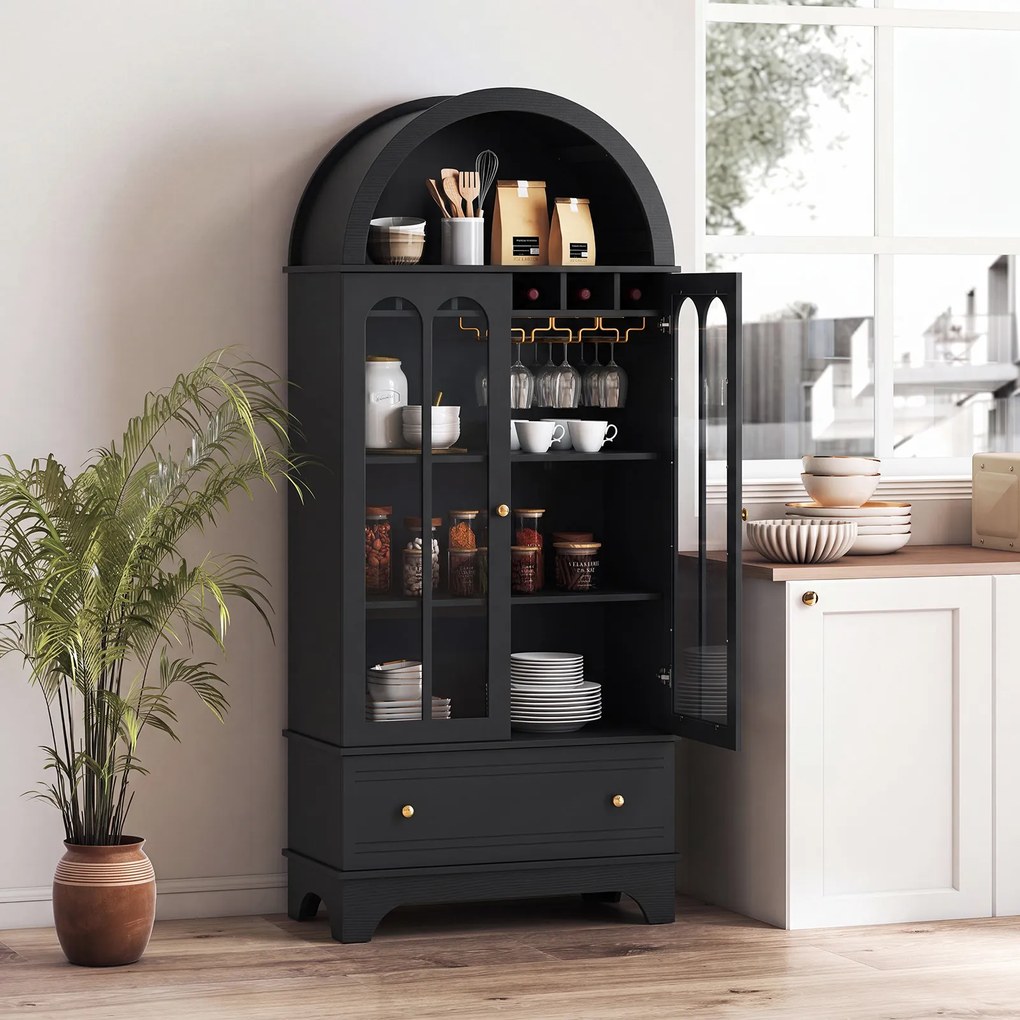 Armário de Arrumação Arqueado, 77,5 x 40 x 181 cm, Suporte para Garrafas e Copos, Preto