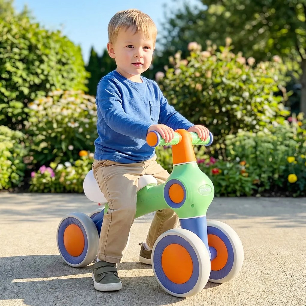 Bicicleta de equilíbrio para crianças com 4 rodas, montagem rápida, assento ajustável 1-3 anos, Verde