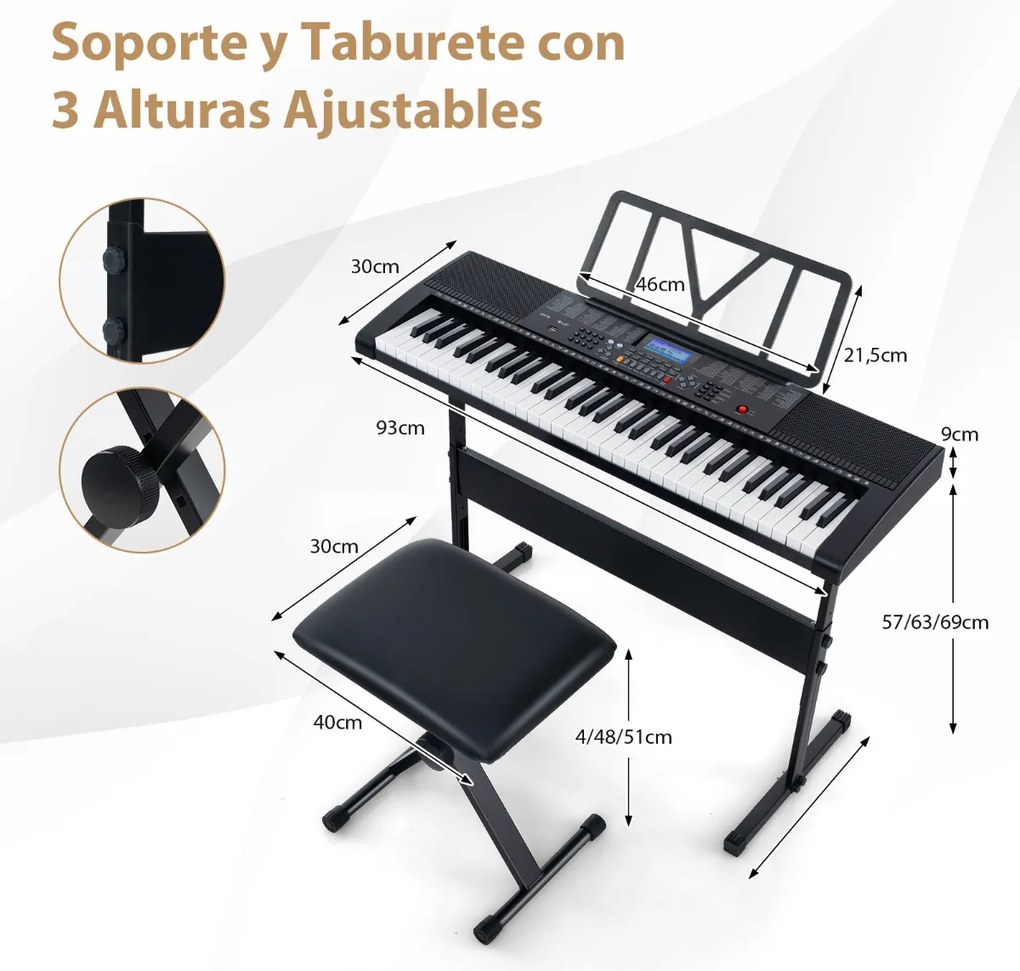 Teclado eletrónico portátil iluminado de 61 teclas com estrado e banco Conjunto de piano digital  50 canções de demonstração Branco + Preto