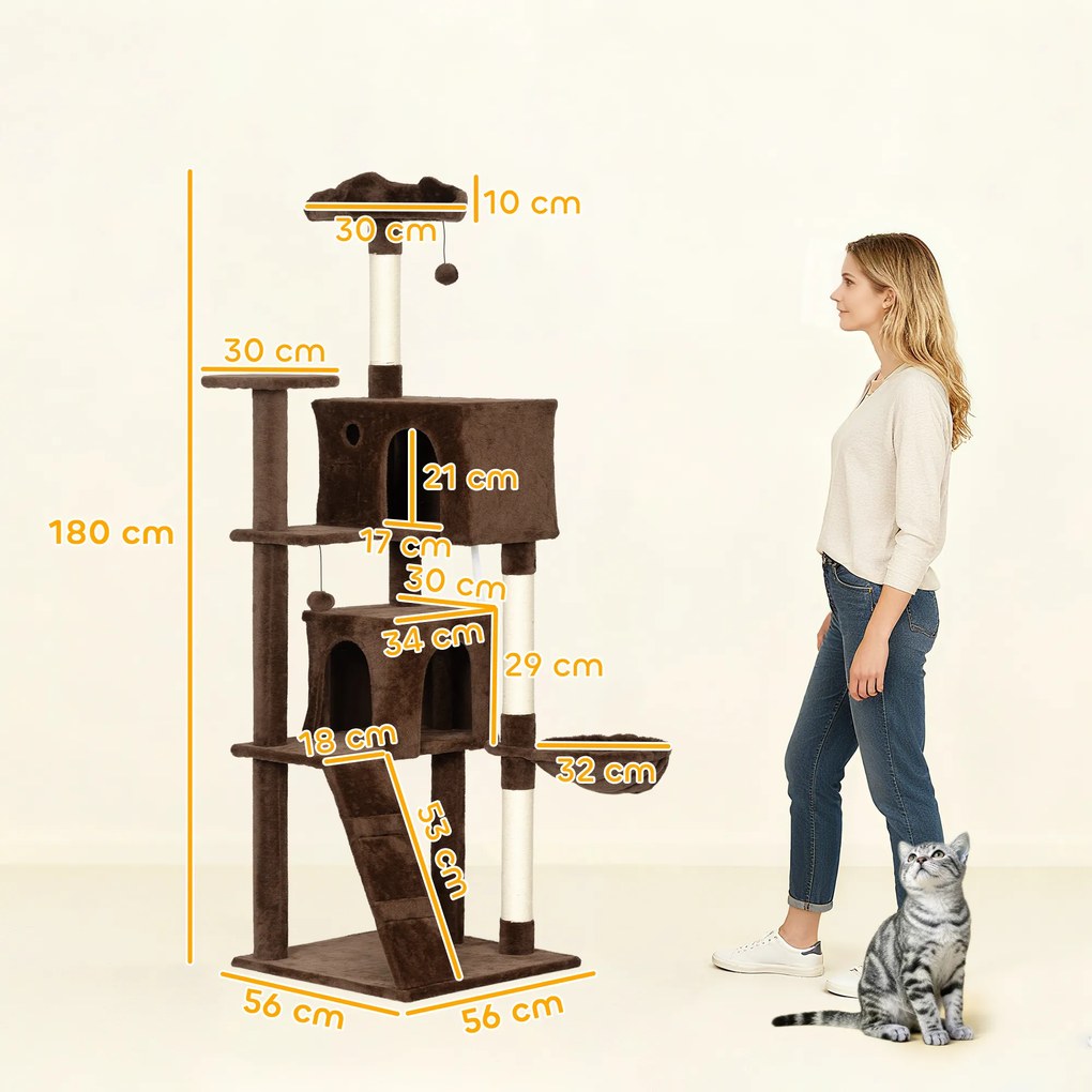 Arranhador para Gatos com Múltiplas Plataformas Cama 2 Cavernas Rede Escada Postes de Sisal 56x56x180 cm Castanho