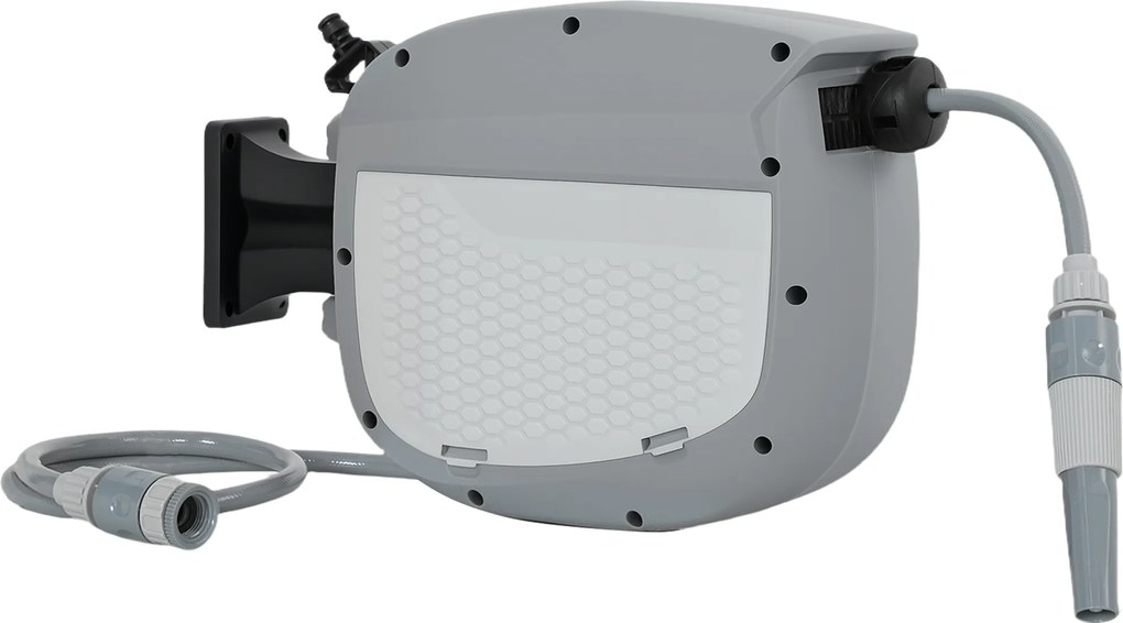 Outsunny Carretel de Mangueira para Jardim 10+1 m com Bico de 2 Modos Bloqueio Automático e Retracção Suporte Orientável 180° Cinza | Aosom Portugal