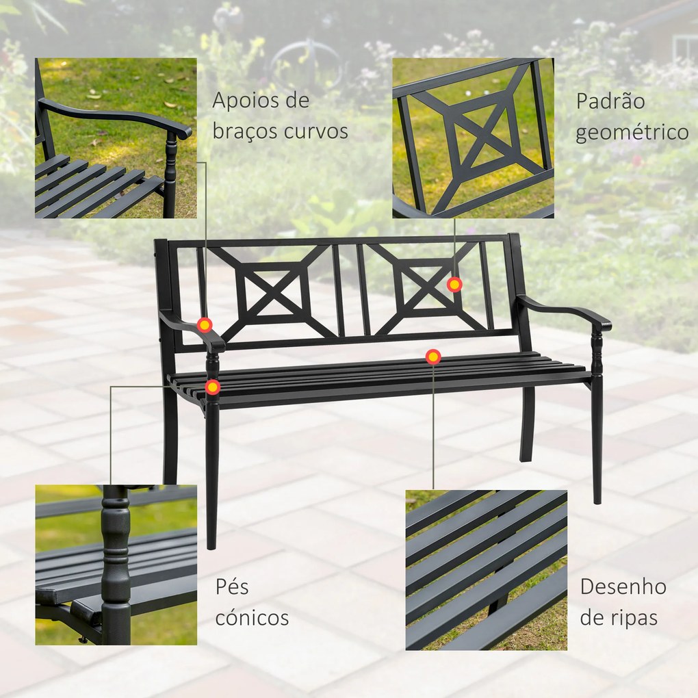 Outsunny Banco de Jardim de 2 Lugares Banco de Exterior de Aço com Apoio para os Braços e Encosto Decorativo para Terraço Varanda Pátio Carga 280kg 128x62,5x81,5cm Preto